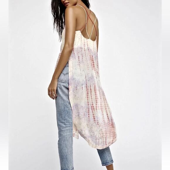 Free People Remember When Split Side Tie Dye Chiffon Ivory Long Top Dress Medium - Picture 10 of 10